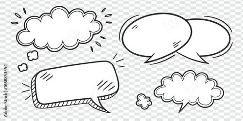 Illustration of various hand drawn speech bubbles and thought clouds doodles style icon set