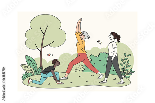 Elderly asian woman practicing yoga with young black woman diverse healthy lifestyle vector
