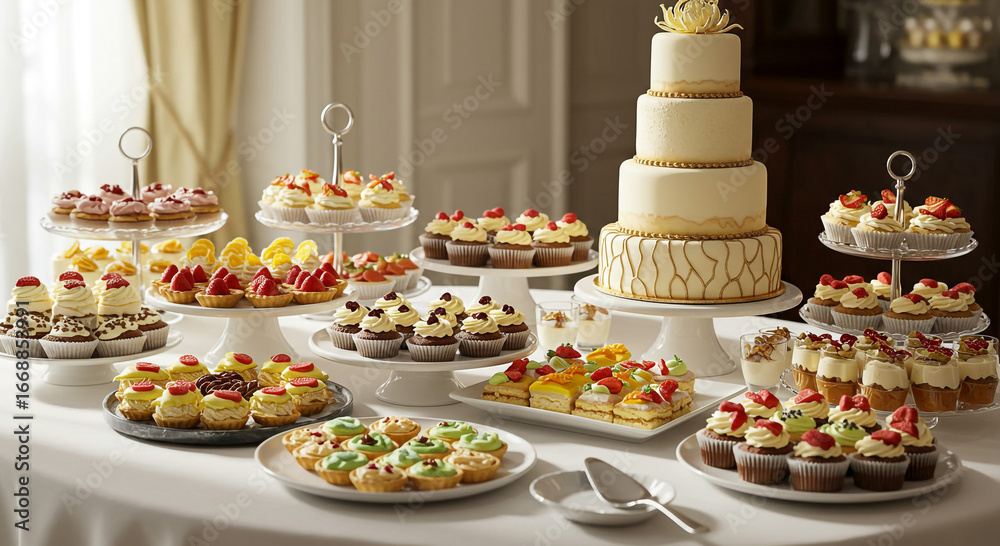 Fototapeta premium A dessert table with a variety of cakes and cupcakes on it