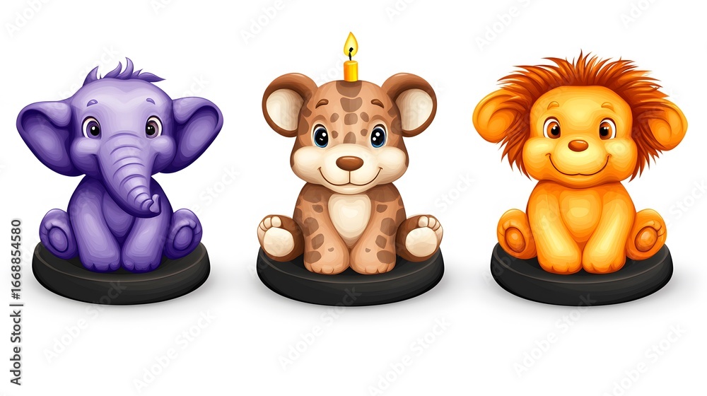 Fototapeta premium Adorable Cartoon Animals Elephant Lion Giraffe Birthday Cake Toppers