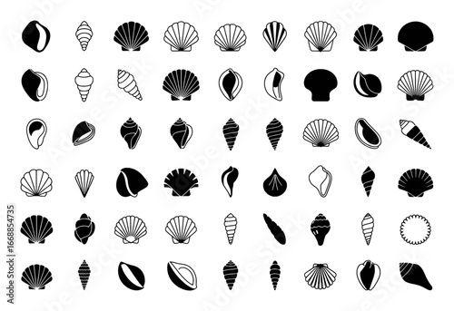 Collection of Black and White Shell Icons and Silhouettes