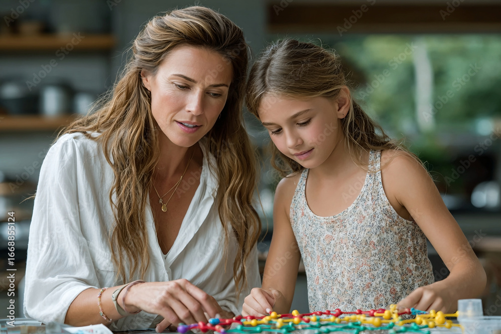 Fototapeta premium Mother and daughter joyfully engage an educational game, with parent guiding child through colorful activity. They share happy learning moment