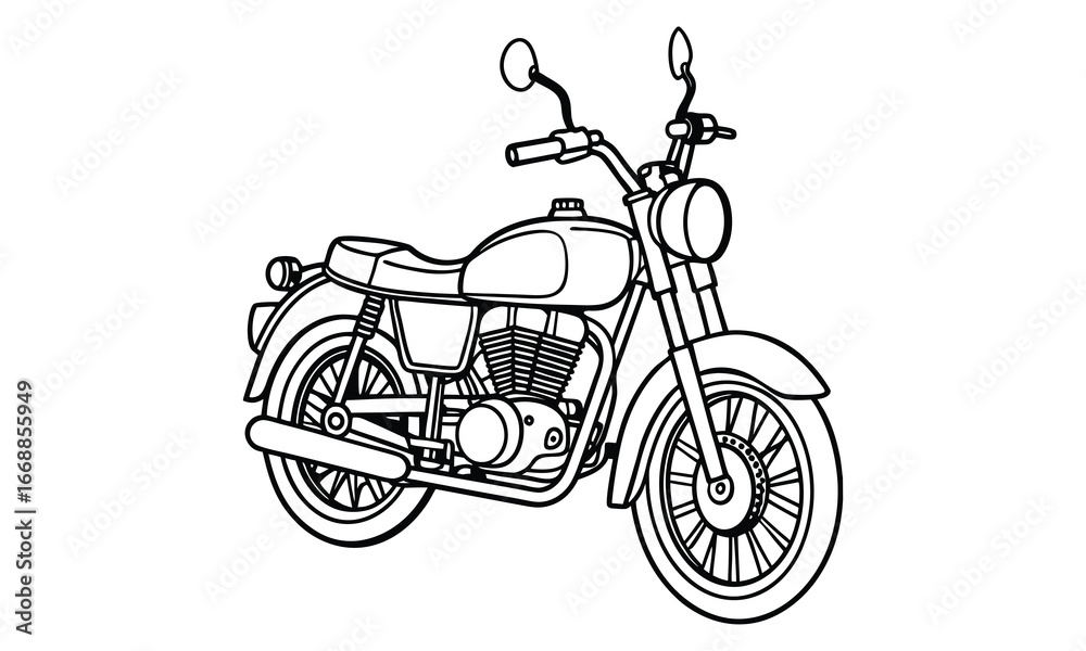Fototapeta premium Royal Enfield Classic Kids silhouette and vector line art t shirt design, intricate detailed drawing, adult coloring pages, printable art for stress relief and relaxation, high-quality illustration.