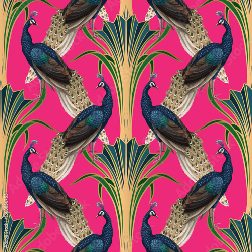 Symmetrical vector art deco pattern with elegant peacocks and stylized plant motifs in gold and blue tones on a red background.