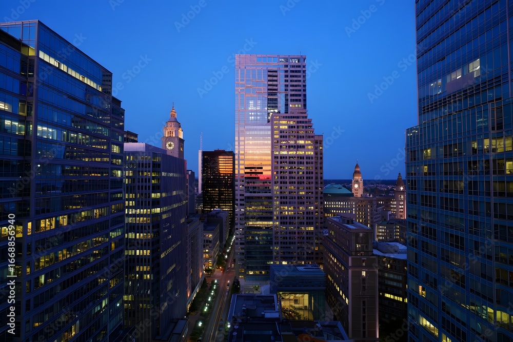 Fototapeta premium Modern City Skyline at Sunset with Skyscrapers