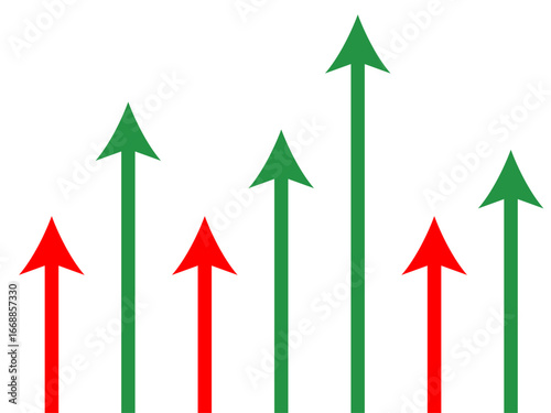 A graphic of multiple red and green arrows pointing upwards, symbolizing growth, competition, and varying performance.