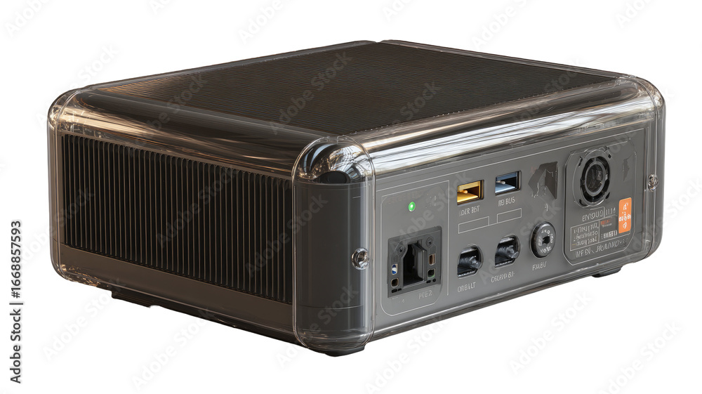 Fototapeta premium Portable power station, rectangular shape, dark gray exterior, clear protective casing, multiple output ports