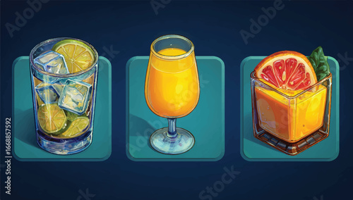 Refreshing citrus cocktails in decorative glasses including lime orange and grapefruit for summer party with elegant presentation style