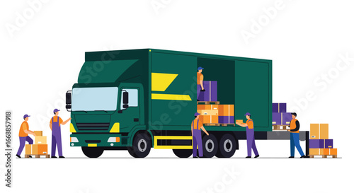 Animated vector illustration depicting vibrant loading dock with delivery crew