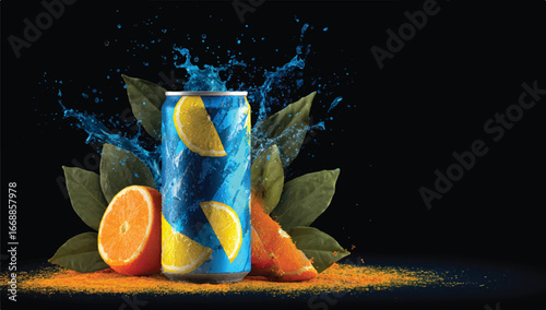 Refreshing Citrus Drink Can with Splashing Water and Orange Slices Against Black Background Detailed Still Life Photography