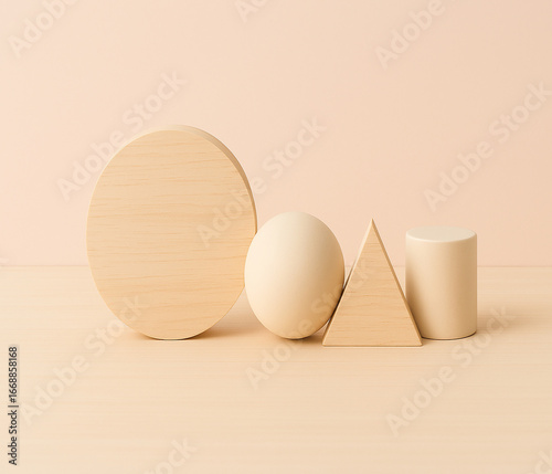 Minimalist Composition of Wooden Geometric Shapes on Neutral Backdrop Creates a Calming and Aesthetic Still Life