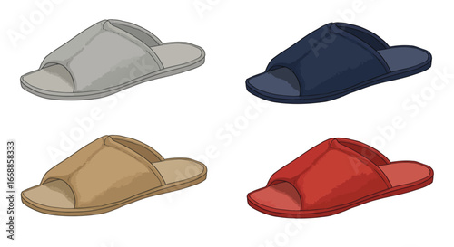 Four colored slippers isolated against white evoke relaxation and home comfort