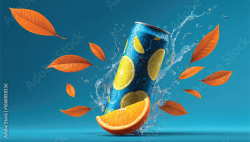 Refreshing citrus drink can with orange slice splashing surrounded by vibrant leaves on a bright blue background perfect for summer ads