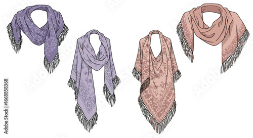 Elegant vector illustration of shawls with fringe in soft pastel colors