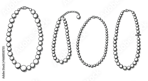 Elegant vector set showcasing four beaded necklaces on pristine white backdrop