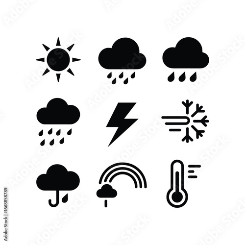 Collection of weather icons representing sun rain clouds lightning snowflake rainbow and thermometer