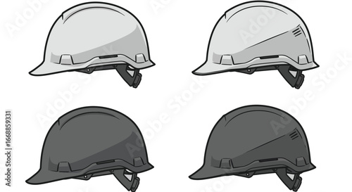 Four safety helmets vector illustration, diverse shades on a crisp white backdrop