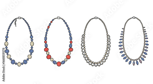 Collection of hand-drawn beaded necklaces with varied color and shapes against a clean background