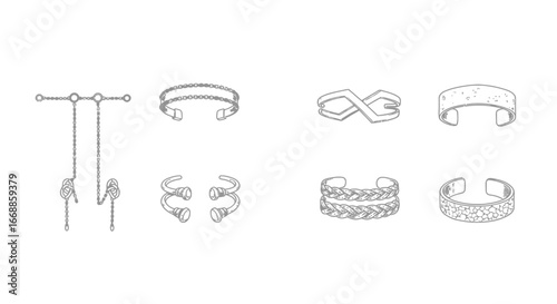 Elegant collection of minimalistic arm cuffs, vector graphic accessories on white plain display