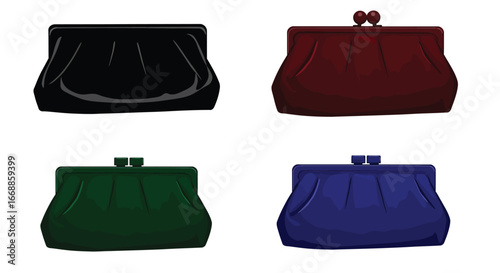 Set of four differently colored clutch purses on a pristine white background