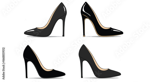 Four black stiletto heel shoes showcase elegant design on a clean background
