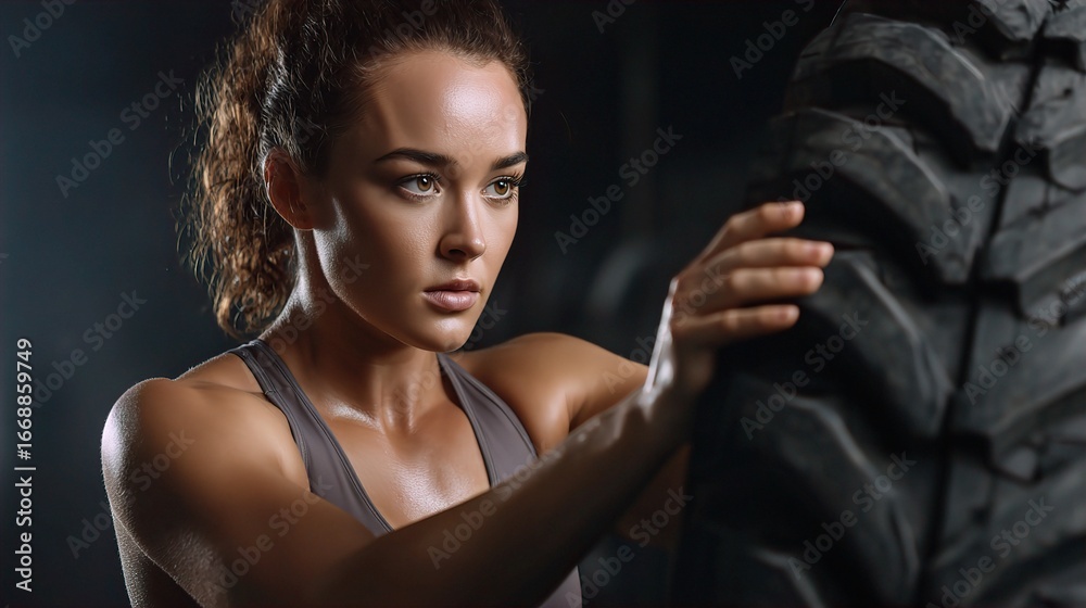 Fototapeta premium Determined Athletic Woman Pushing a Large Tire During Intense Strength Training Workout in a Dimly Lit Gym