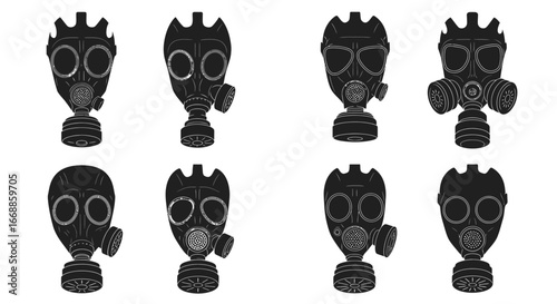 Set of monochrome gas masks in various designs isolated on white canvas