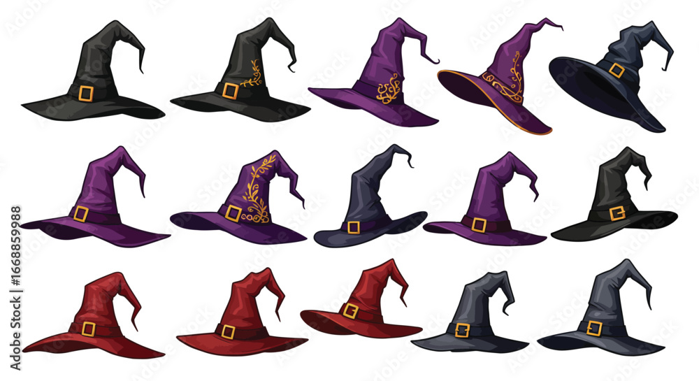 Obraz premium Collection of whimsical witch hats in various colors and styles, ready for halloween