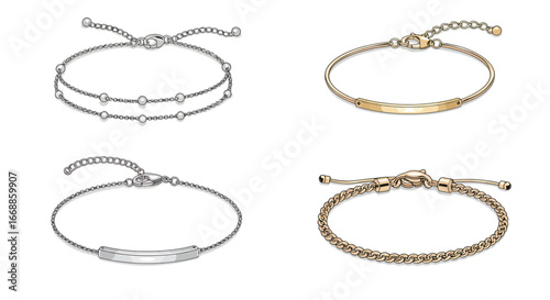 Charming array of four dainty bracelets on white backdrop featuring delicate jewelry design