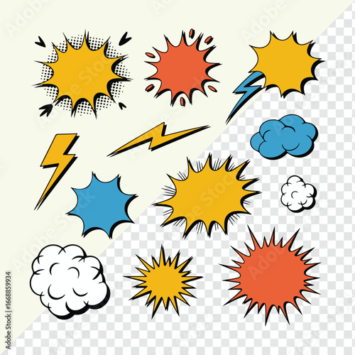 Comic style elements including speech bubbles clouds and lightning bolts doodles style icon set
