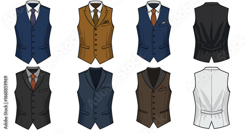 Elegant waistcoat vector set, diverse colors and styles, formal and casual apparel, versatile wardrobe pieces