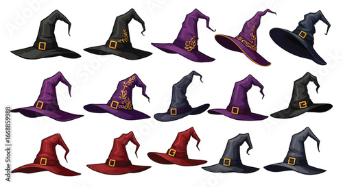 Collection of whimsical witch hats in various colors and styles, ready for halloween
