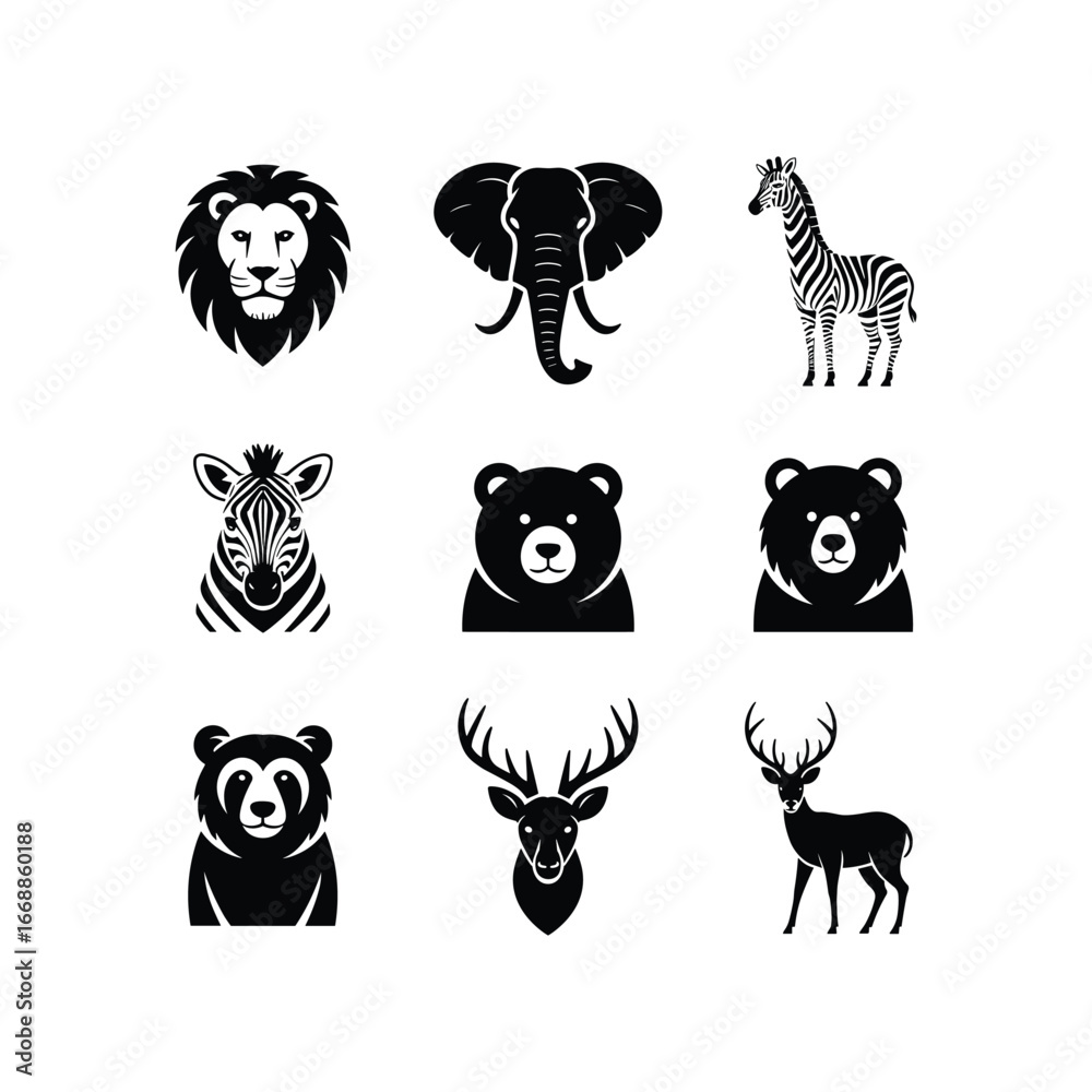 Obraz premium Collection of stylized animal portraits and silhouettes in black and white