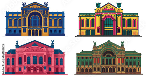 Artistic rendering of vibrant and diverse architectural theaters facades