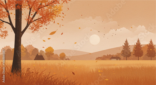 Autumnal landscape with a lone house, colorful leaves, and a serene sky.