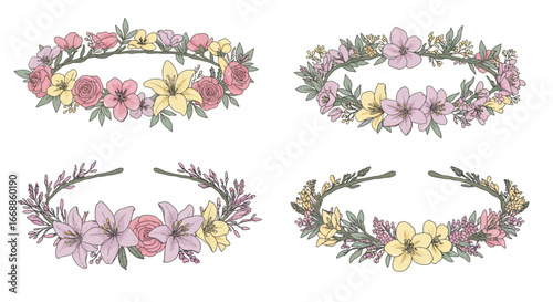 Delicate floral crown vector set illustration on a pristine white canvas
