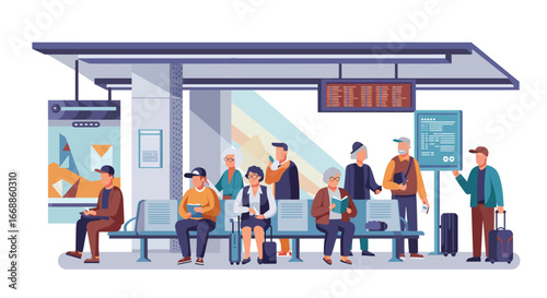 Stylized Flat Vector Illustration of a Bustling Train Station Waiting Area