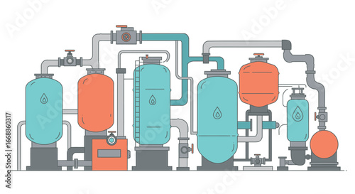 Stylized flat vector illustration of a vibrant water treatment facility design