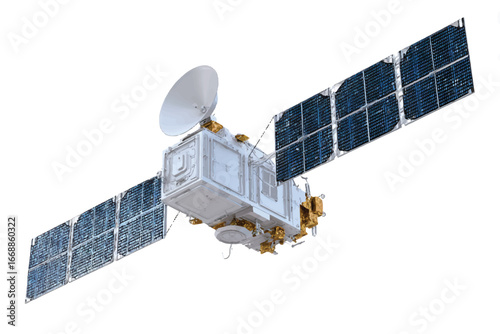 Satellite in orbit with solar panels and communication antenna against white background for space exploration purposes