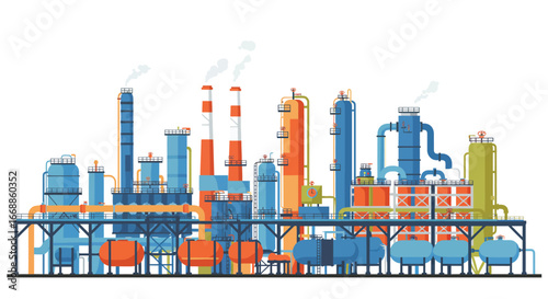 Stylized illustration of a vibrant oil refinery complex with varied structures