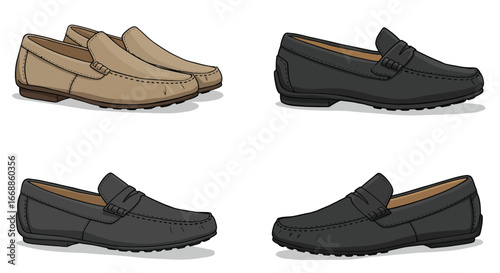 Collection of four stylish vector illustrations of casual driving shoes for men
