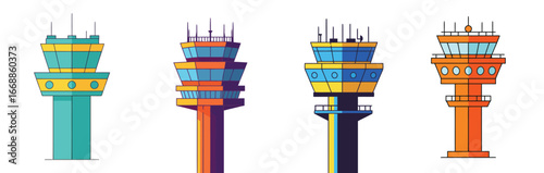 Stylized vibrant air traffic control towers against a clean white background