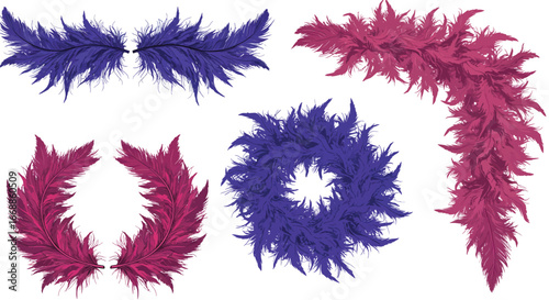 Elegant collection of vector feather boa designs on clean white background