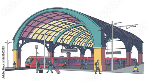 Vibrant stylized train station with passengers waiting under arched roof
