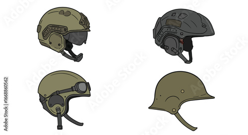 Varied military helmets vector set exhibiting combat equipment and protection gears