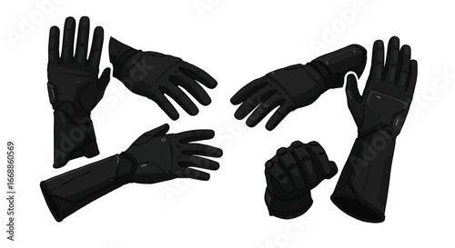 Set of futuristic gauntlet gloves, depicting advanced protective gear with detailed and sleek design