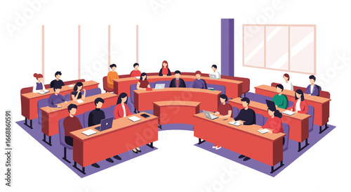 Diverse students attend university lecture in well-equipped auditorium setting