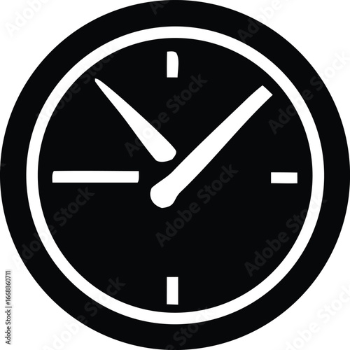 Classic black and white clock face icon with hour and minute hands indicating time in a circular design