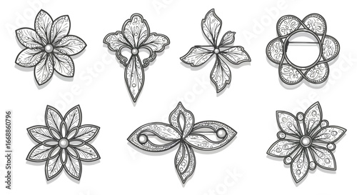 Set of Vintage Floral Brooch Vectors on Clean White Background, Artistic Elegance