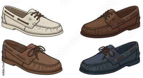 Four stylish boat shoes in various colors displayed on a stark white backdrop